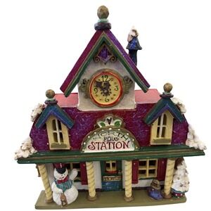 Kirk Adler North Pole Station Christmas Village Decor Clock Snowman Holiday